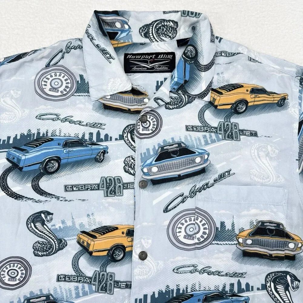 Vintage Newport Blue Ford Cobra 428 Shirt Mens Size Large Short Sleeve Button Up